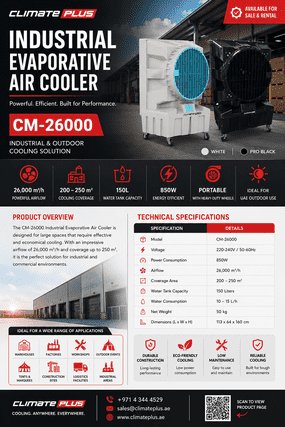 Industrial Evaporative Air Cooler with 26000 max air flow , white and black available on stock