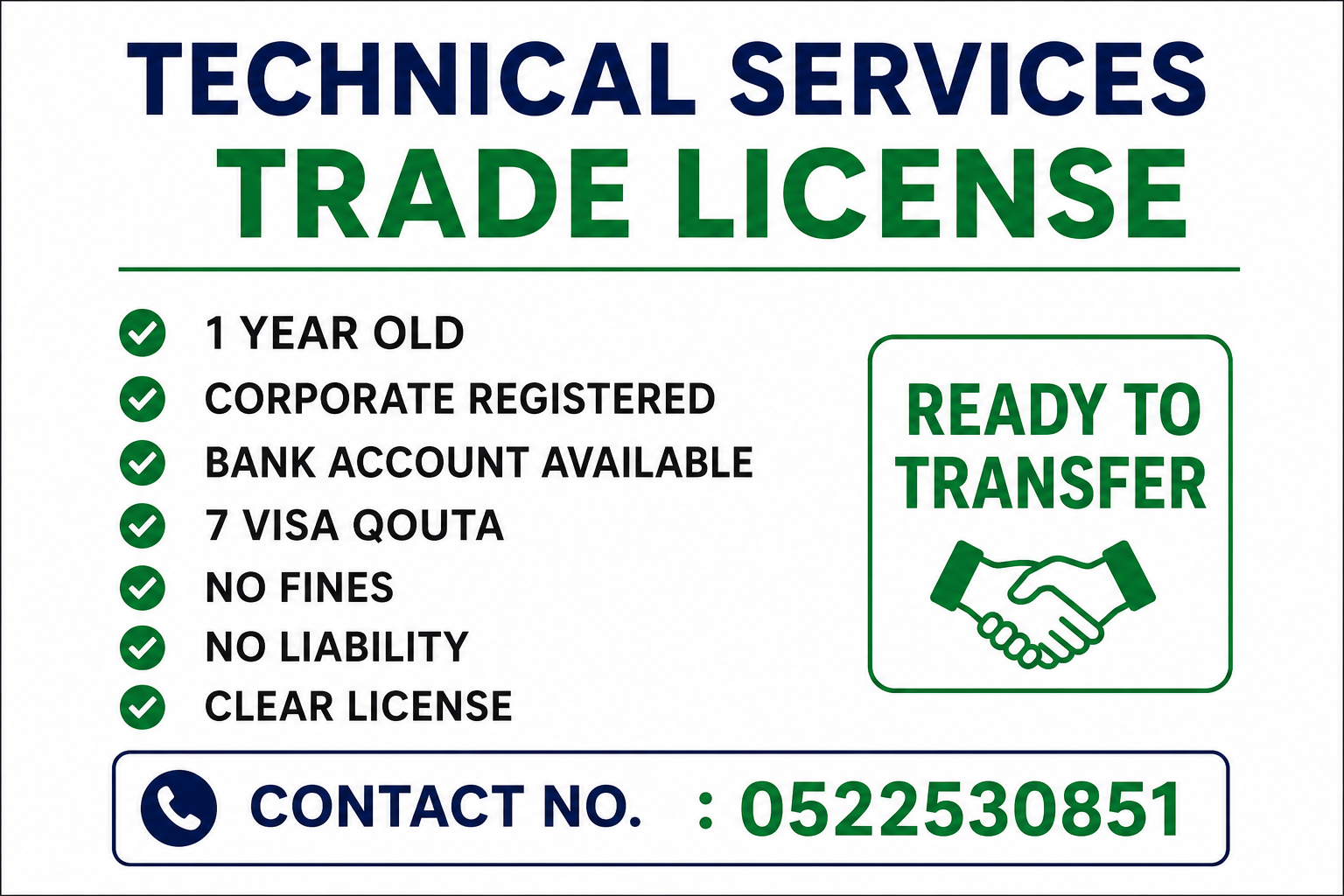 1 YEAR OLD ACTIVE TECHNICAL SERVICES TRADE LICENSE AVAILABLE FOR SALE - DUBAI