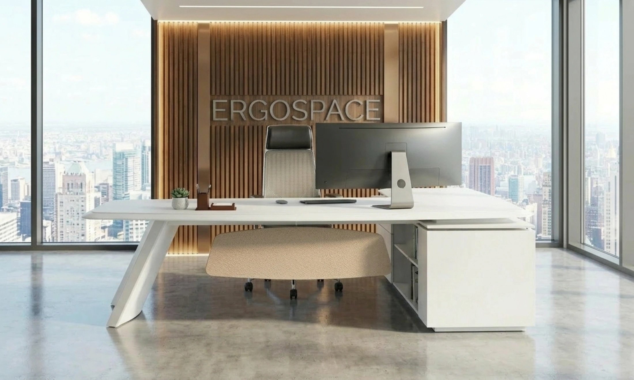 Buy Modern Cue L-Shaped Executive Desk | Custom Made UAE | Ergospace photo 1