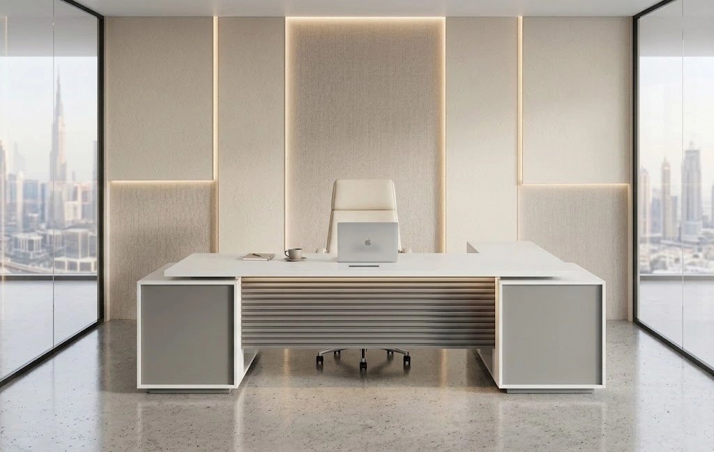 L-Shaped CEO Executive Desk with Double Side Cabinet & Fluted Design | Ergospace UAE
