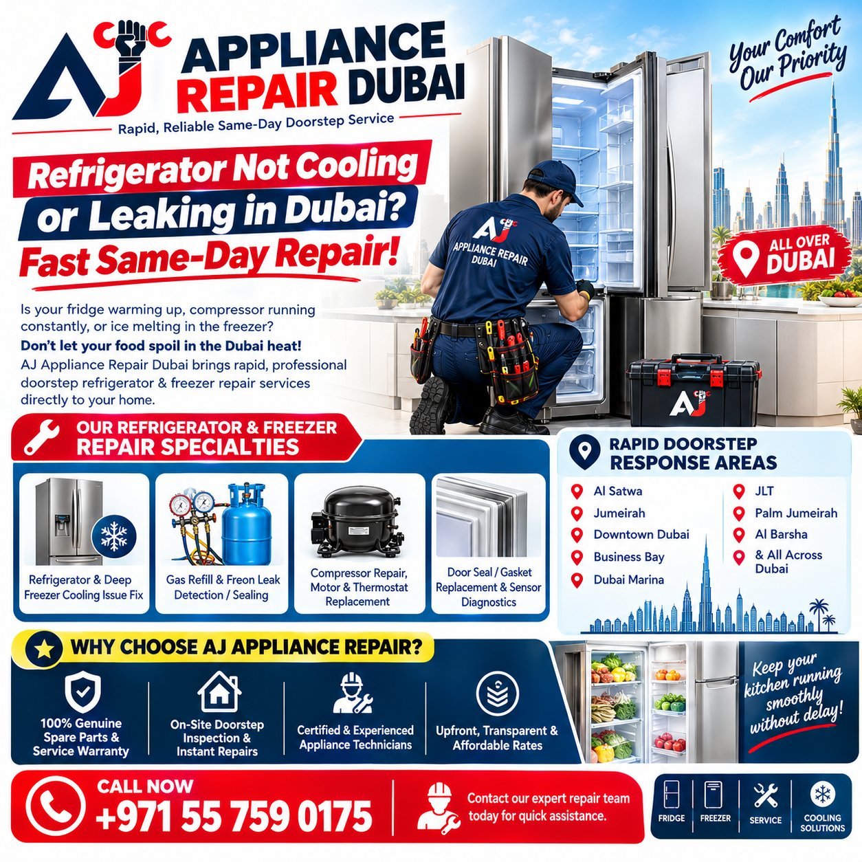 Refrigerator Not Cooling or Leaking in Dubai? Fast Same-Day Repair